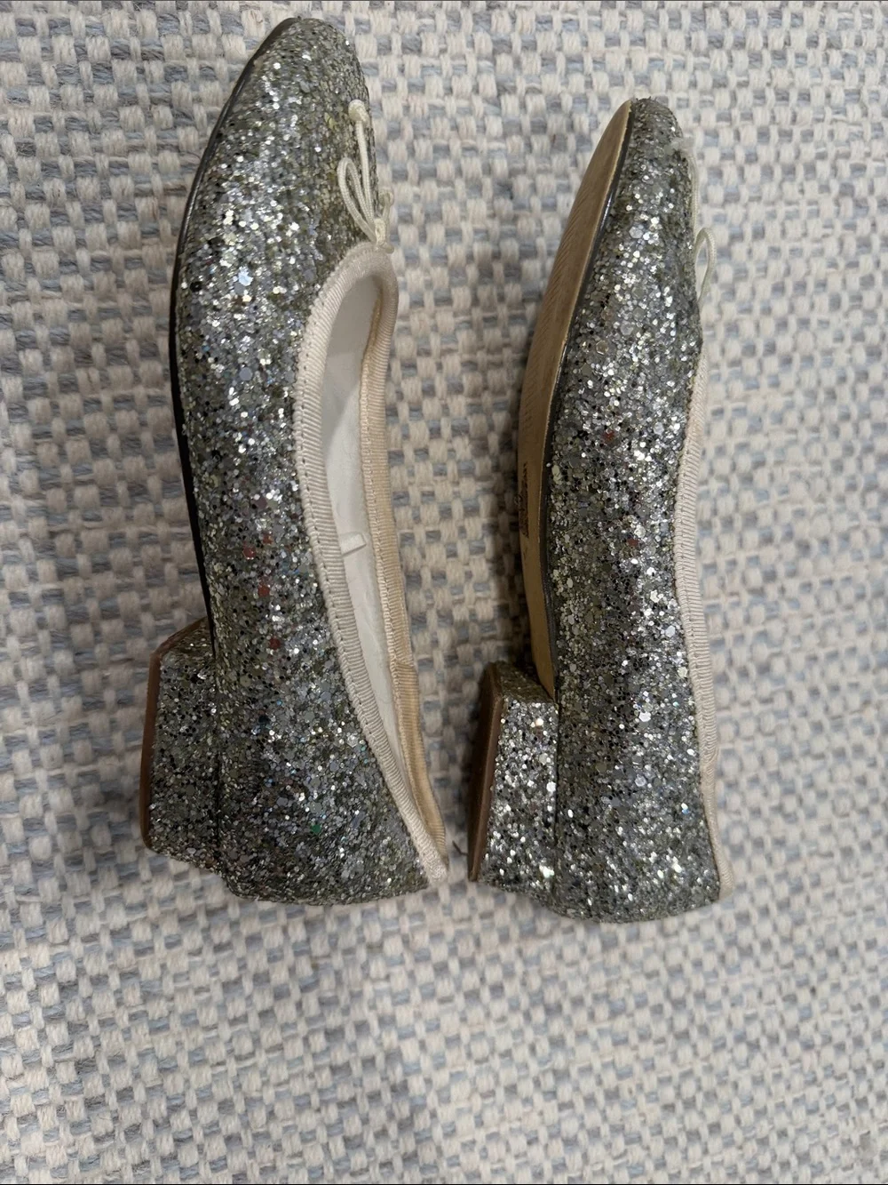 Silver Glitter Ballet Flats with Cream Trim and Bow